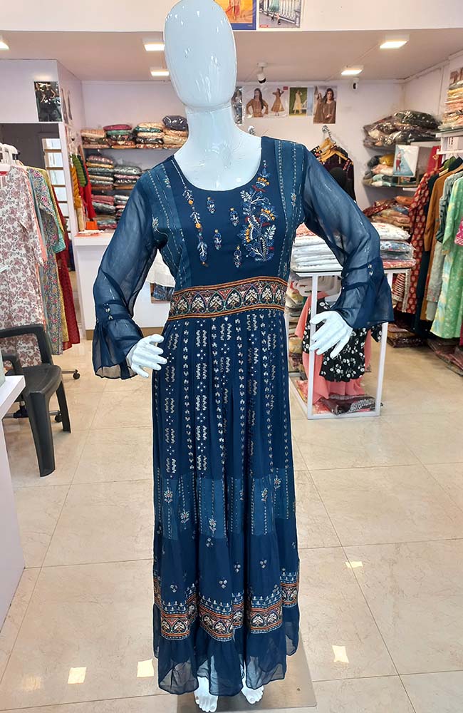 Purchase Online Fancy Long Gown Blue & Beige Color Gown With Golden  Embroidery Work – Lady India