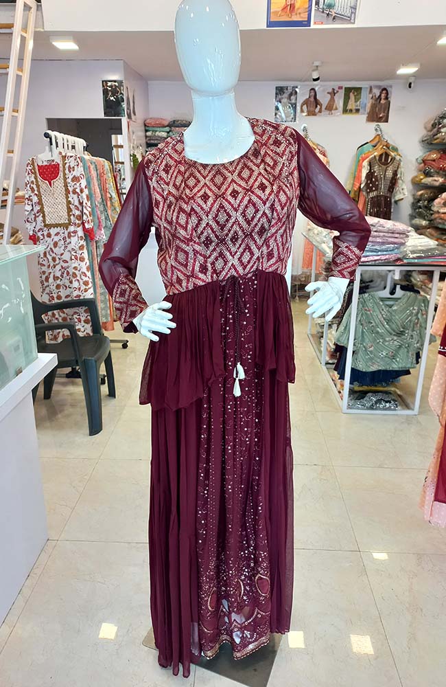 Gown, Pure Georgette, Digital Print, fancy Gowns, Flared Kurti, Gher, Anarkali, latest, designs, Ethnic, Trending, Party Wear, Functional, Embroidery, Sequin Work, Koti, Jacket, Maroon