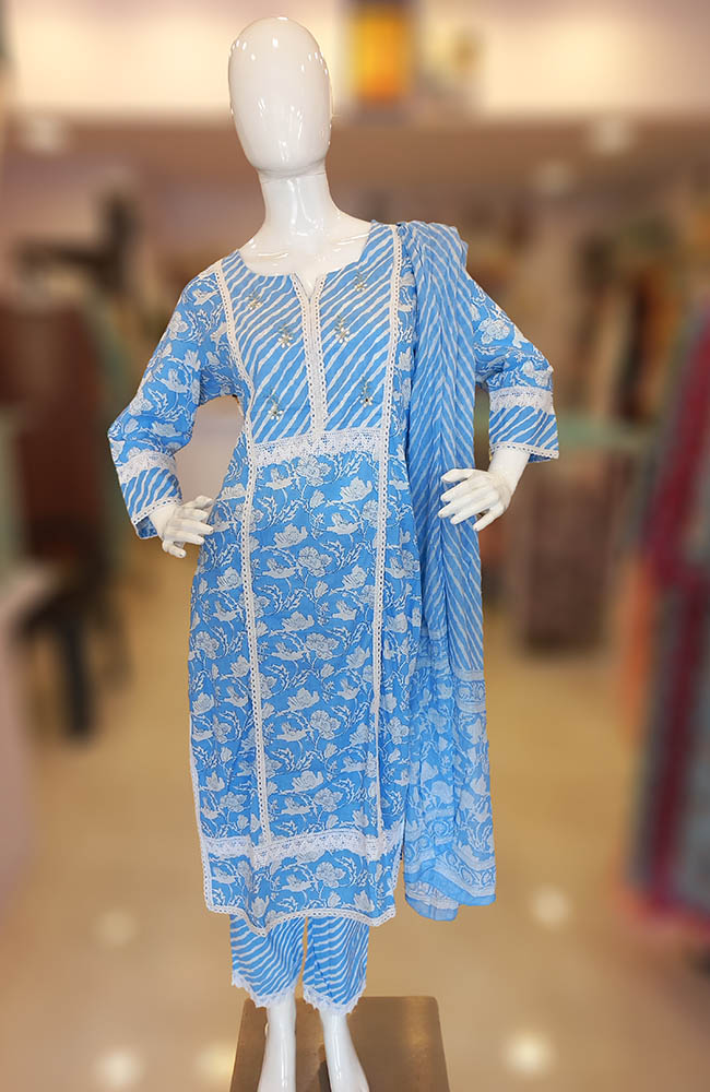 Pure Cotton, Digital Print, floral print Embroidery, Kurti Palazzo dupatta Set, skd, latest, kurti designs, Trending, Jaipuri, pakistani Cotton Suit, Jaipuri floral print, Blue.